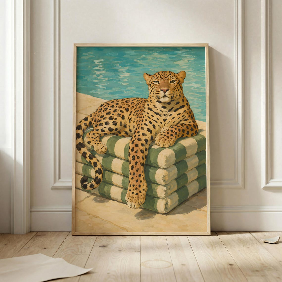 Leopard Lounging Poolside Striped Loungers Safari Resort Poster