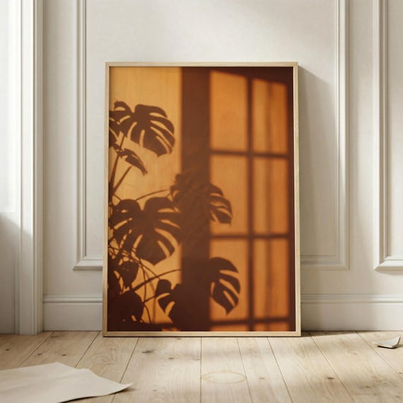 Monstera Shadow Poster Warm Window Light Wall Art Tropical Plant Print Orange Minimalist Home Decor