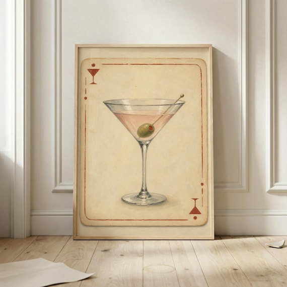 Classic Martini Glass With Olive On Vintage Playing Card Wall Art