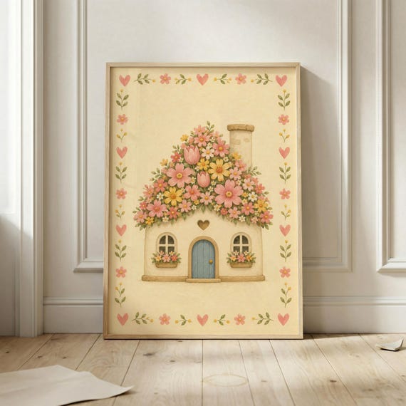 Cottage House Wall Art Print Whimsical Floral Poster Cottagecore Home Decor Pink Flower Artwork Fairy Tale