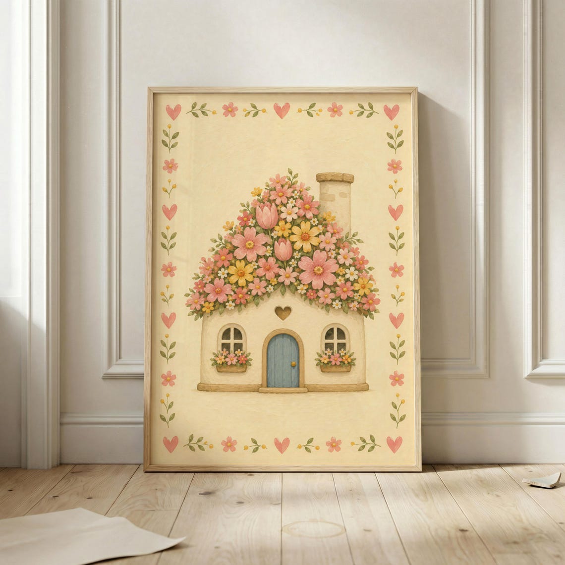 Whimsical Cottage House With Flower Roof Pink Hearts Art Poster