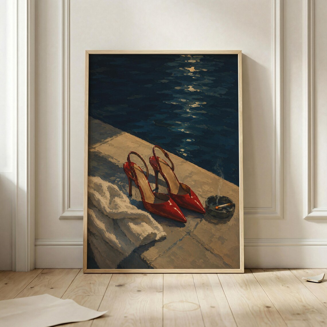 Red Heels Beside Dark Water Moody Oil Painting Late Night Elegance Poster