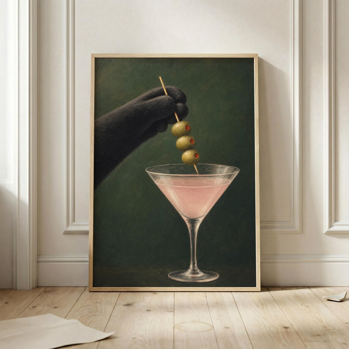 Black Cat Pink Martini Poster, Vintage Bar Art Print