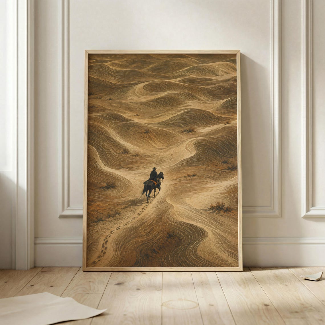 Lone Cowboy Riding Horse Across Desert Dune Landscape Poster