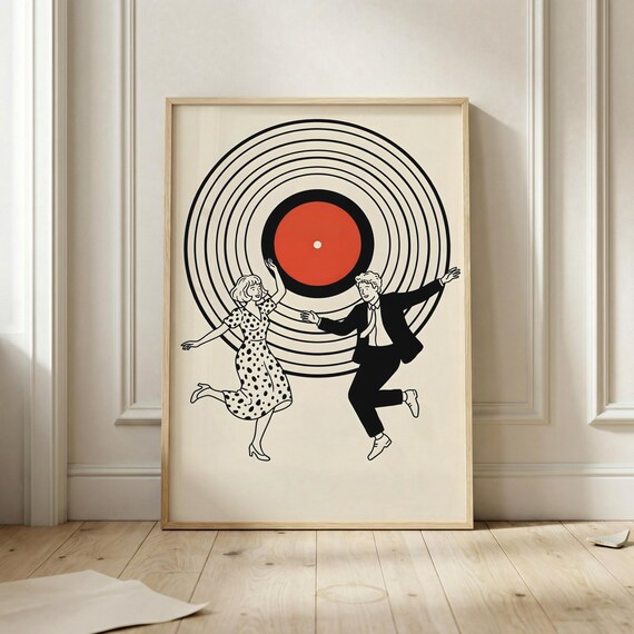 Retro Dancing Couple Wall Art Vinyl Record Poster Mid Century Music Print Vintage Dance Decor Lover Gift