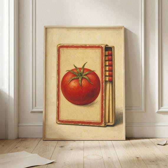 Tomato Matchbox Poster Vintage Kitchen Wall Art Retro Food Illustration Print Red Decor Italian Gift Dining Room