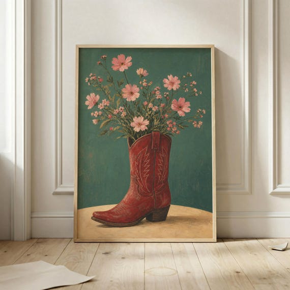 Red Cowgirl Boot Floral Wall Art Print Western Flower Poster Rustic Decor Country Botanical Artwork Farmhouse Printable