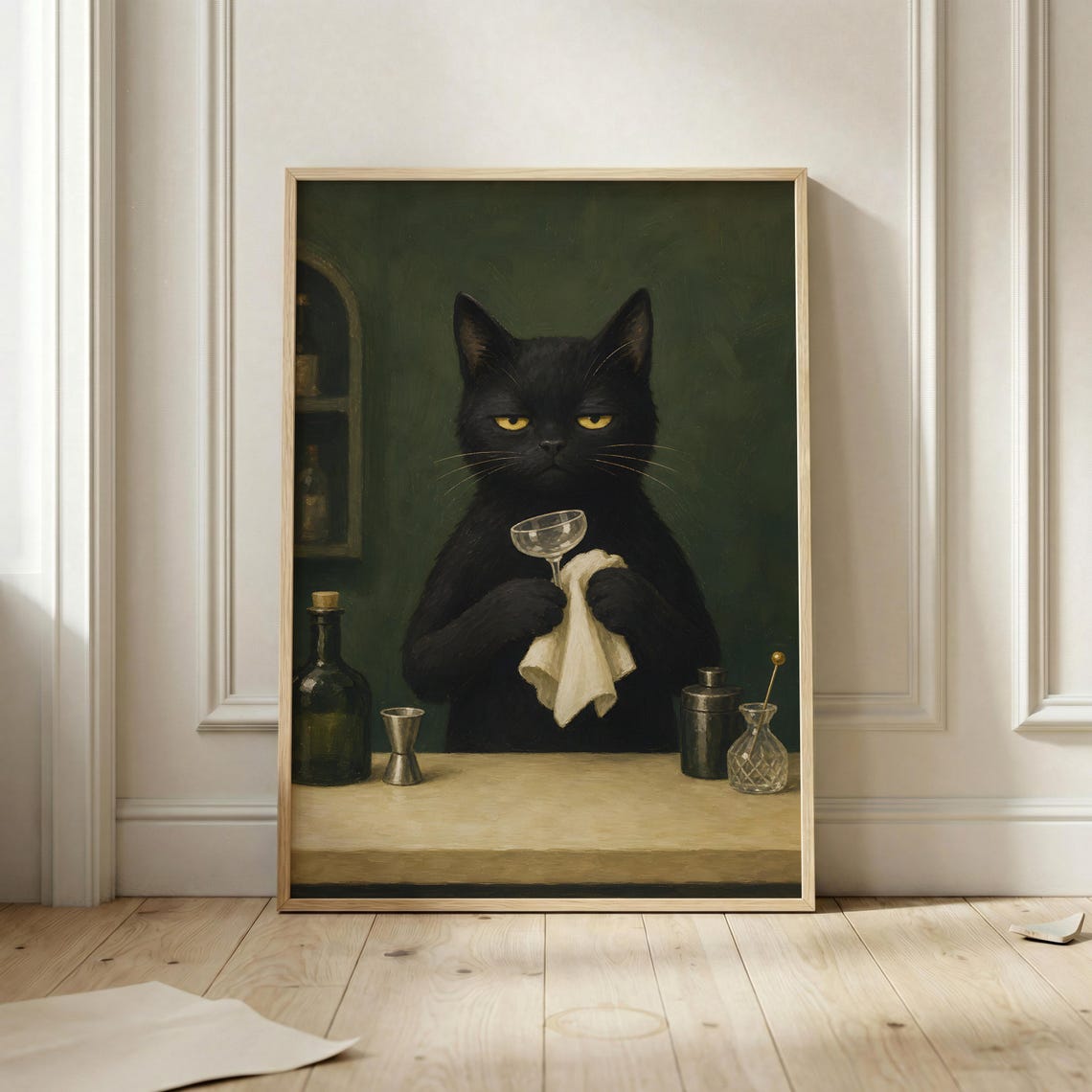 Black Cat Bartender Moody Vintage Home Bar Cocktail Art Poster
