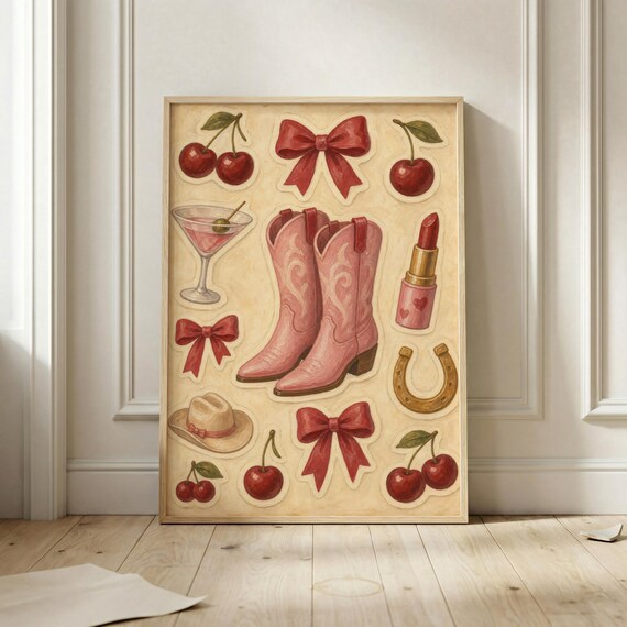 Pink Cowgirl Boots Coquette Poster Western Cherry Bow Collage Decor