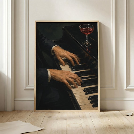Moody Hands Playing Grand Piano With Red Cocktail Painting Poster