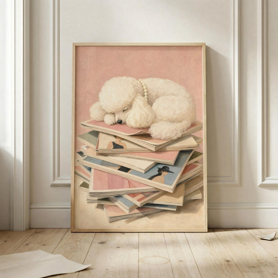 Sleeping White Poodle Puppy on Fashion Magazines Cute Pink Poster
