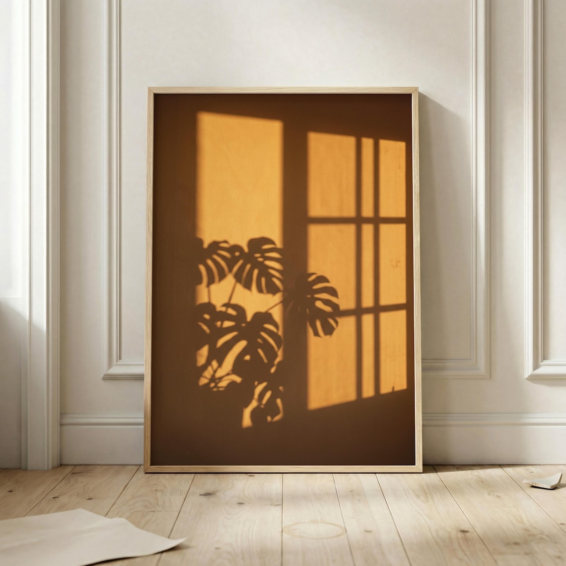 Golden Hour Monstera Shadow Art Print, Minimalist Decor