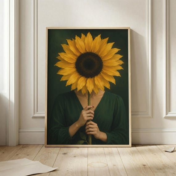 Sunflower Woman Poster Emerald Green Botanical Portrait Art Print Moody Floral Wall For Bedroom Living Room And Gallery Home