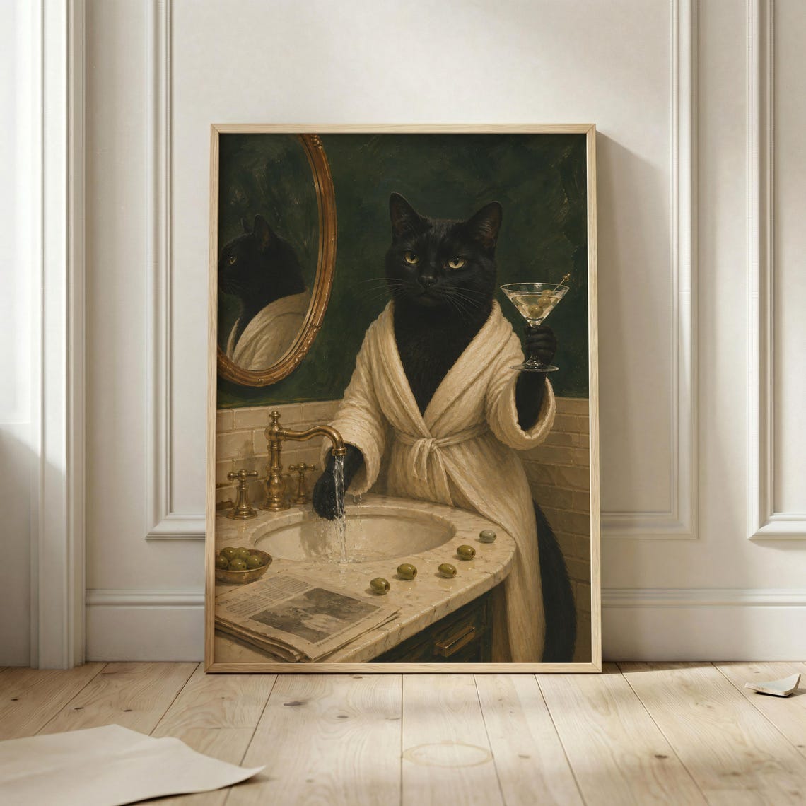 Black Cat Spa Day In Bathrobe Holding Martini At Sink Funny Cat Poster