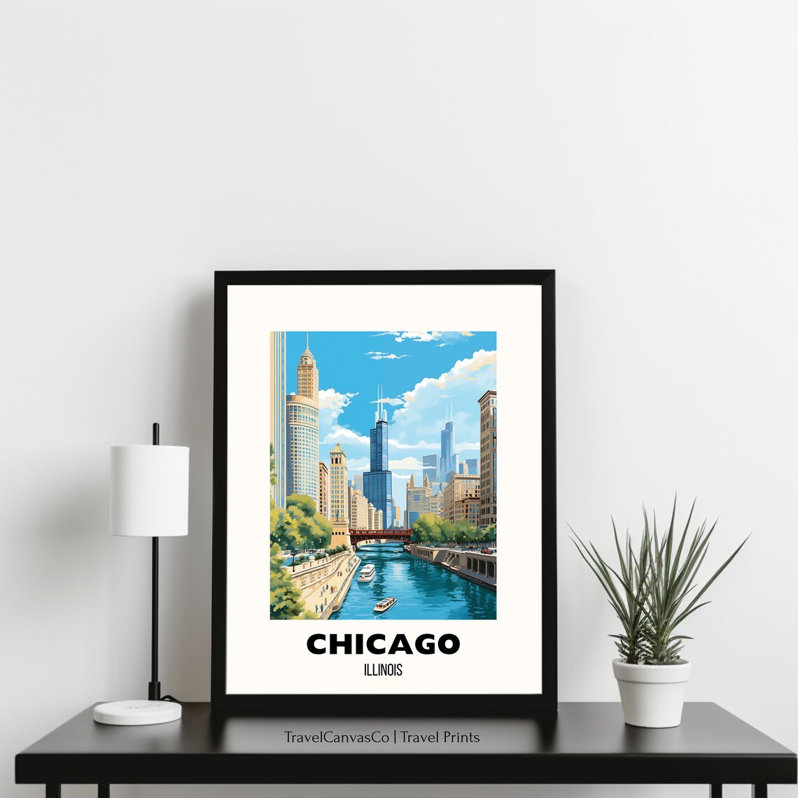 Chicago Illinois Riverwalk City Skyline Bridges Downtown Travel Poster - Image 3