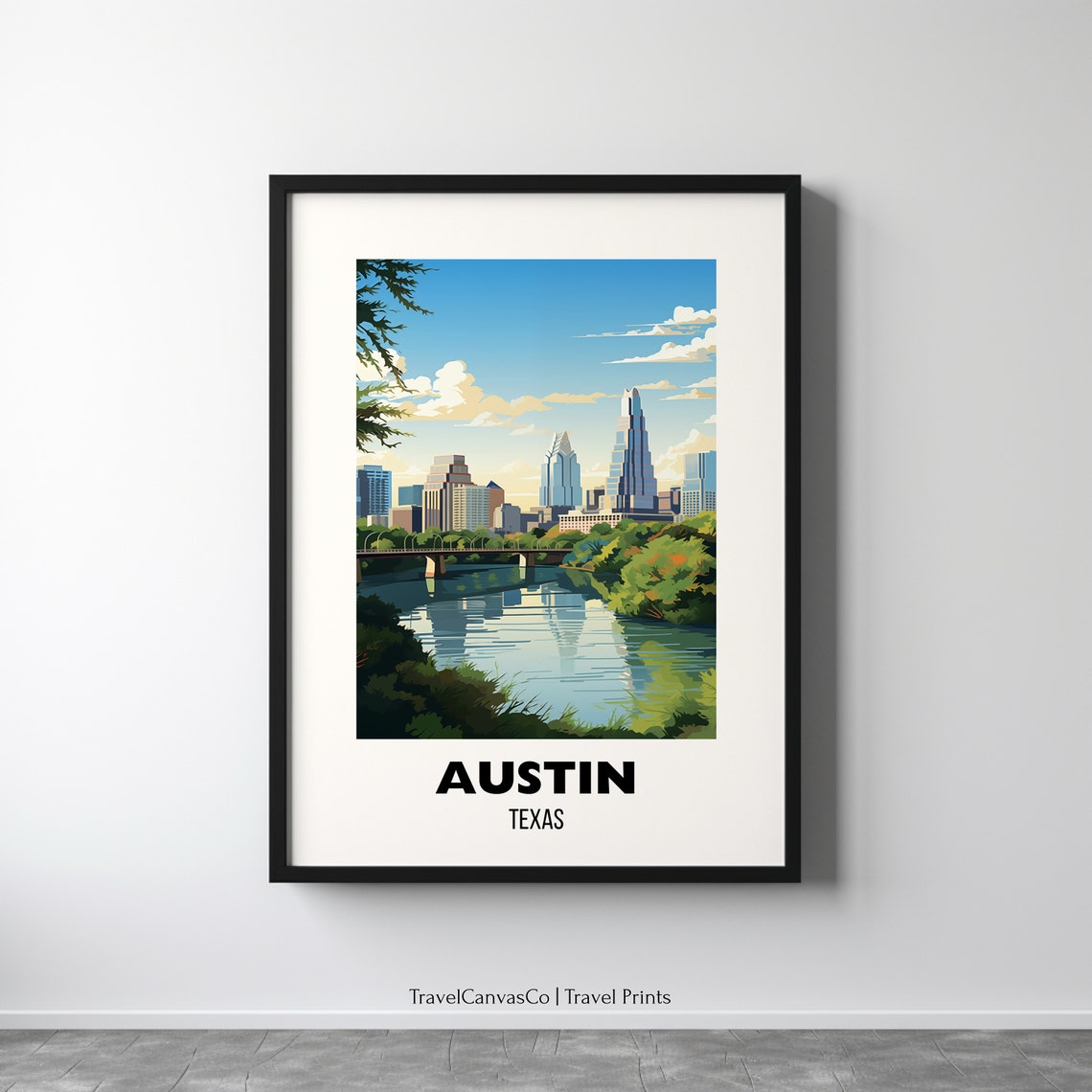 Austin Texas Downtown Skyline River Bend City Scene Travel Poster