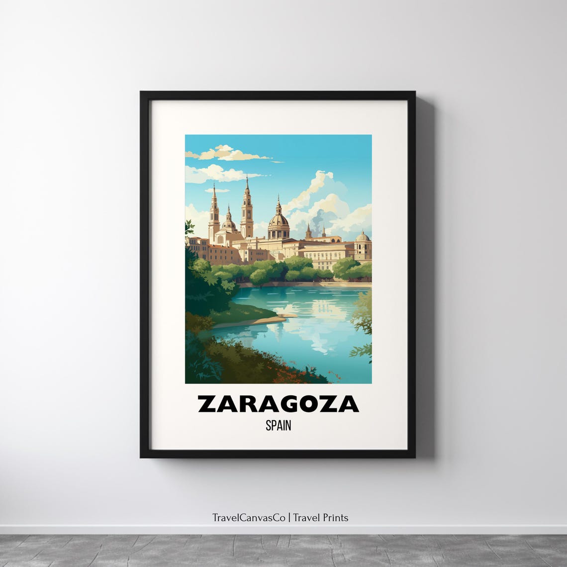 Zaragoza Spain Basilica Cathedral River Skyline Vintage Travel Poster