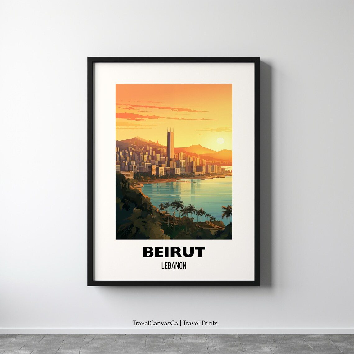 Beirut Lebanon Mediterranean Sea Sunset Skyline Travel Poster