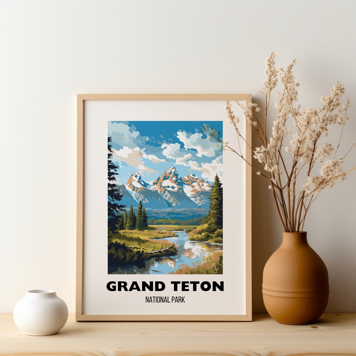 Grand Teton National Park Snowy Peaks Lake Retro Travel Poster - Image 2