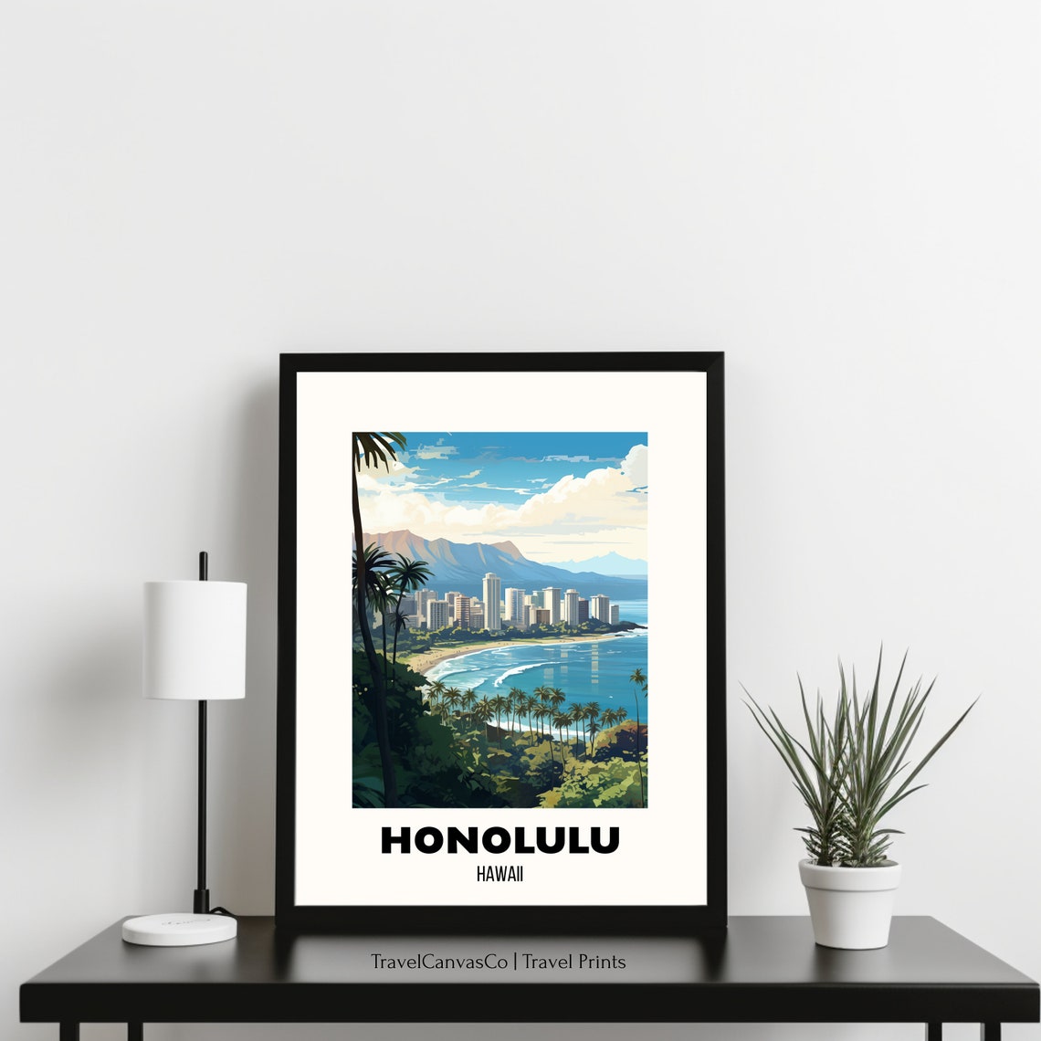 Honolulu Hawaii Waikiki Skyline Diamond Head Bay Travel Poster - Image 3
