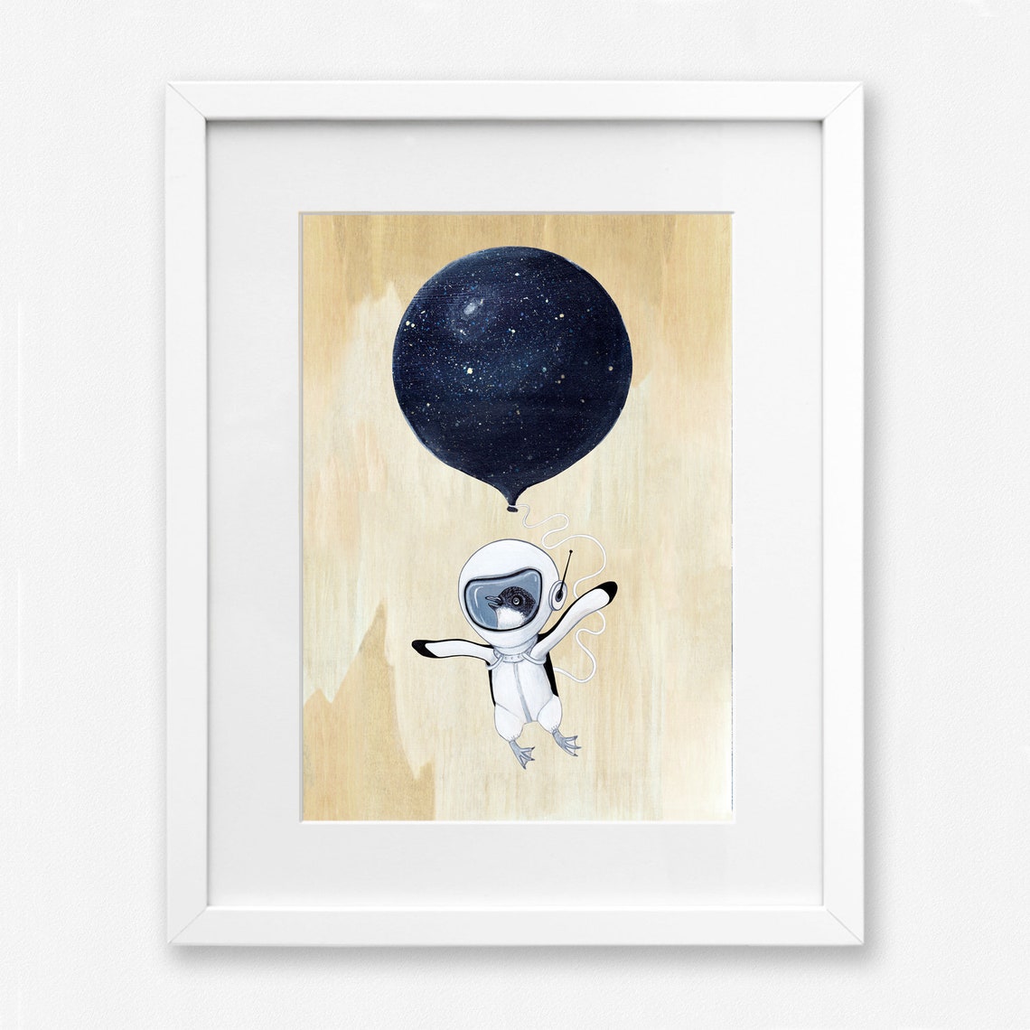 Tiny Penguin Astronaut Floating Under Starry Balloon Space Art Poster - Image 2