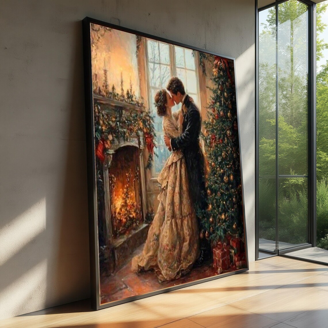 Romantic Victorian Christmas Couple Fireplace Kiss Holiday Decor Poster
