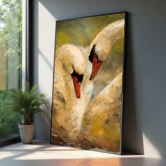 Romantic Swans Canvas Wall Art Elegant Bird Couple Artwork Natureinspired Home Decor White Swan Love Illustration Ready To Hang