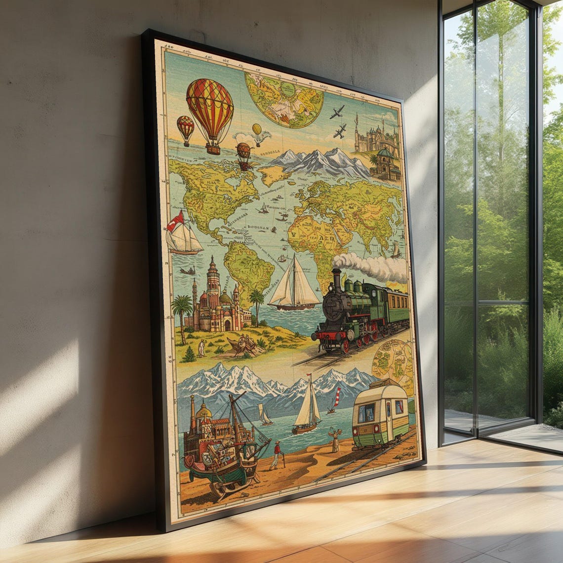 Vintage World Map Adventure Hot Air Balloons Steam Train Travel Poster