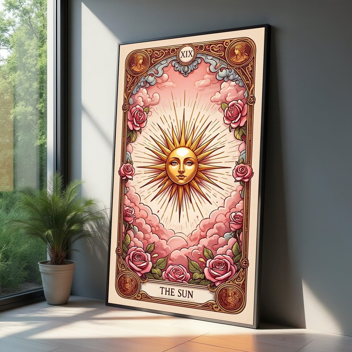 The Sun Tarot Card XIX Golden Sun Face Roses Vintage Mystical Art Poster