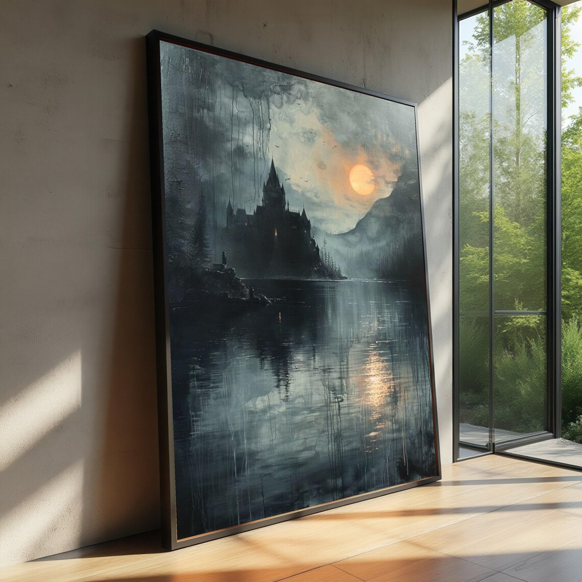 Mysterious Gothic Castle At Moonlight Dark Fantasy Landscape Canvas Haunted Lake Reflection Wall Art Moody Atmospheric Home Decor