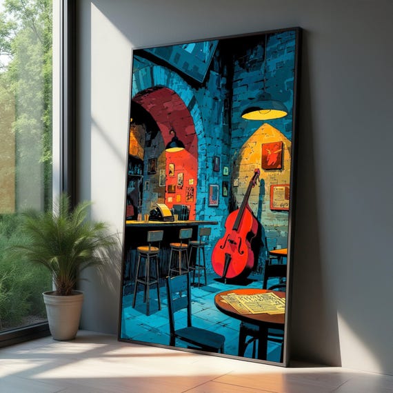 Vintage Jazz Bar Scene Canvas Music Room Wall Art Retro Interior Double Bass Artwork Cozy Nightclub Decor Ready To Hang