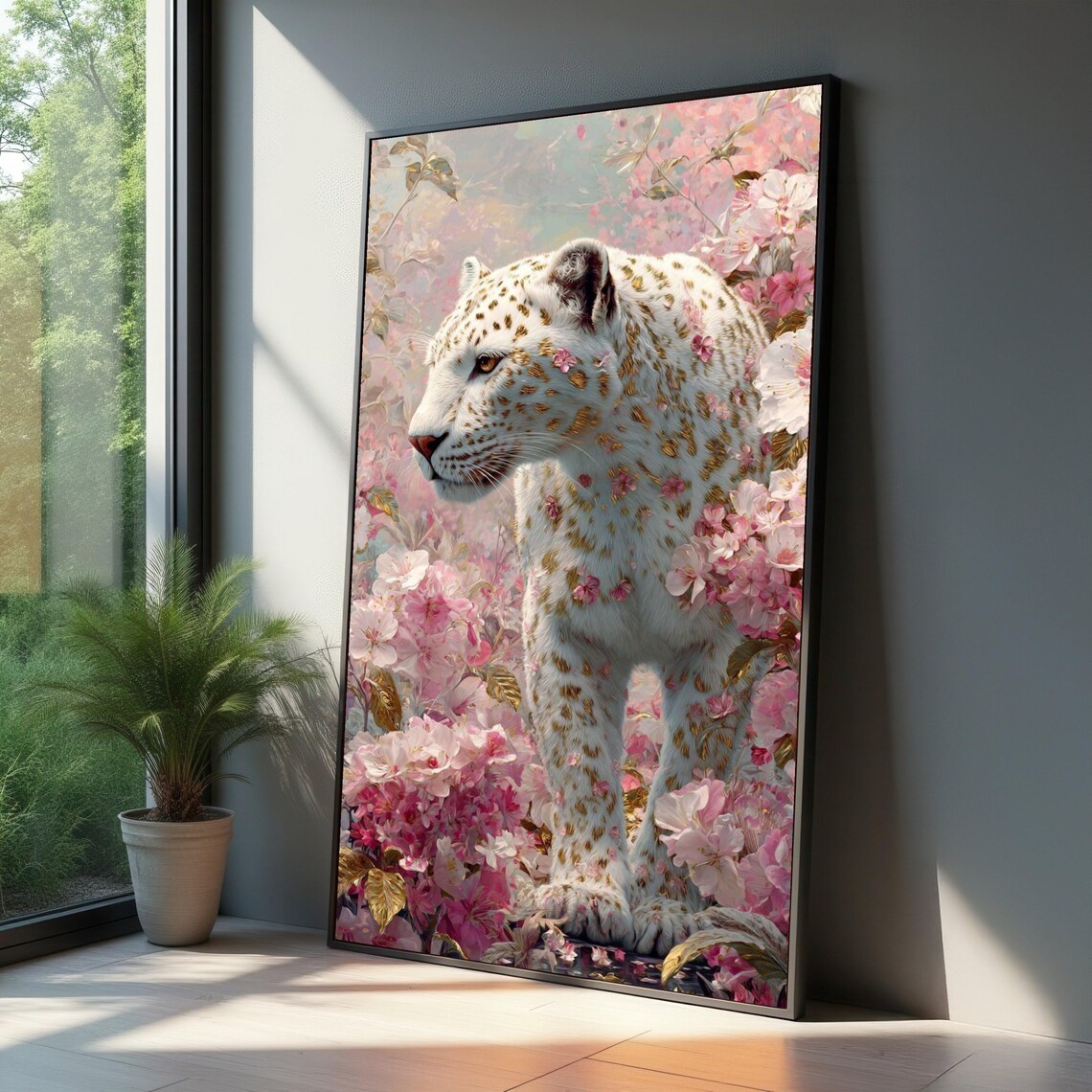 White Leopard Among Pink Blossoms Floral Wildlife Art Poster