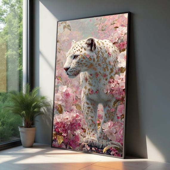 Elegant White Leopard Canvas Floral Nature Wall Art Pink Blossom Animal Wildlife Decoration Modern Home Print