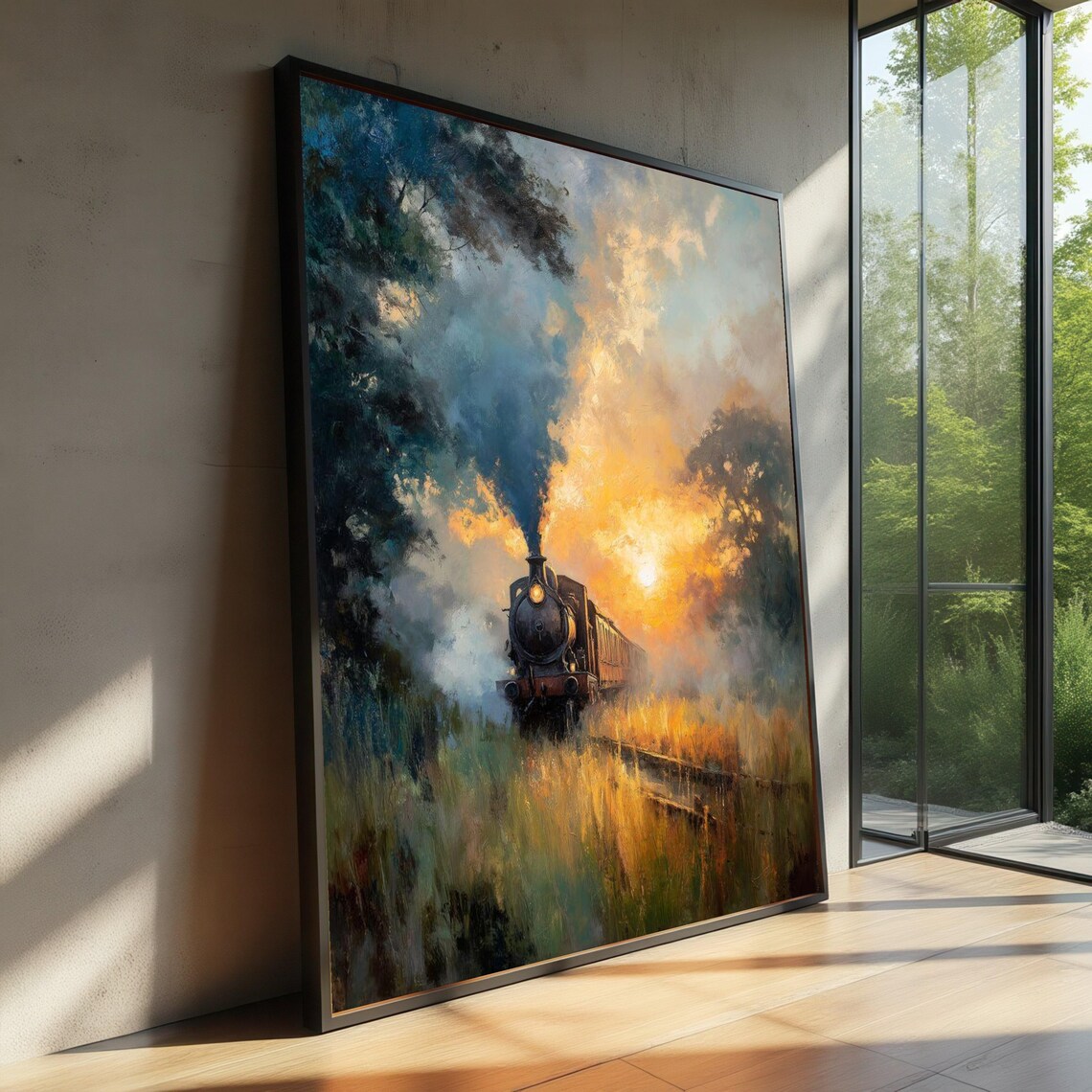 Steam Locomotive Sunset Golden Field Vintage Train Painting Poster
