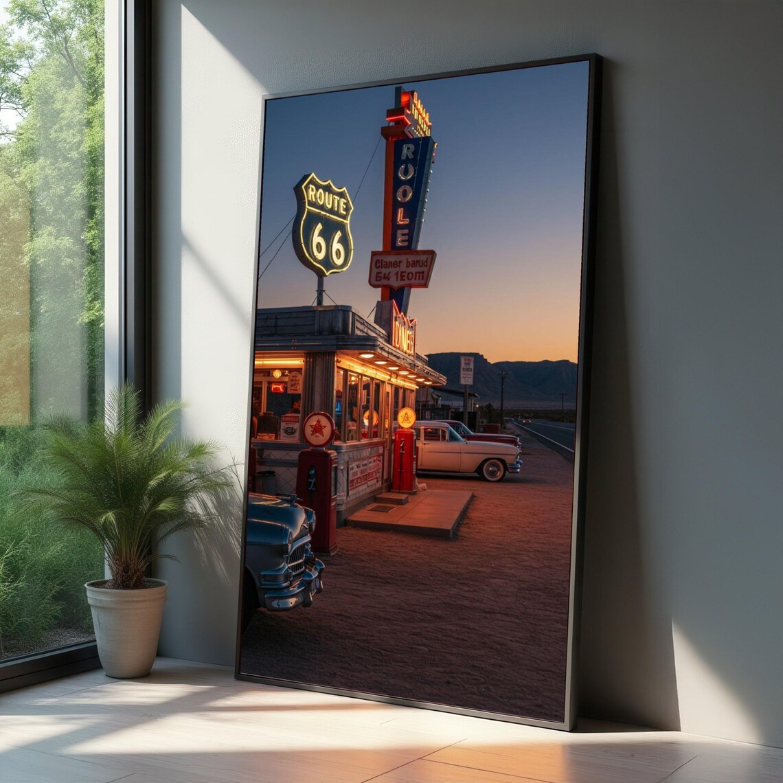 Route 66 Retro Diner Neon Sign Classic Cars Americana Poster
