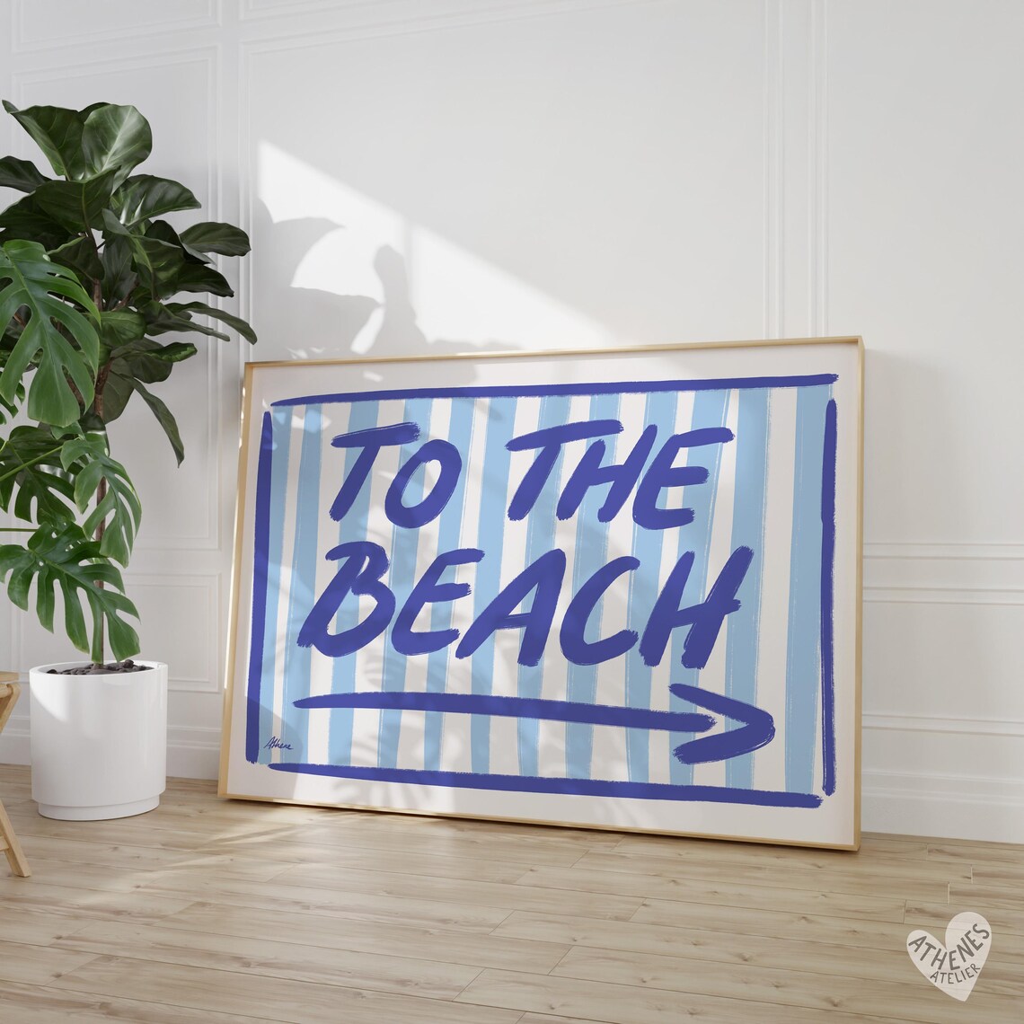 To The Beach Blue Striped Coastal Sign Modern Typography Wall Art