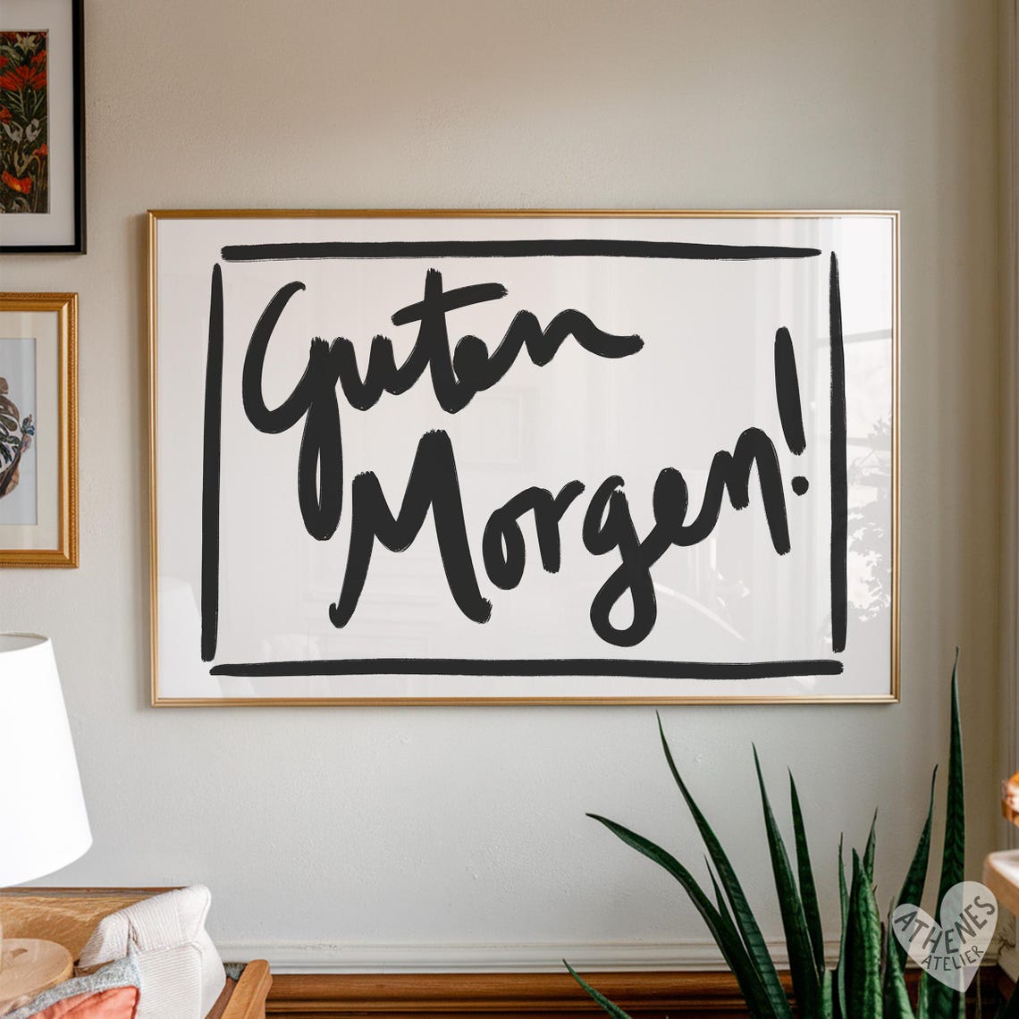 Guten Morgen Black Brush Script German Greeting Quote Wall Art