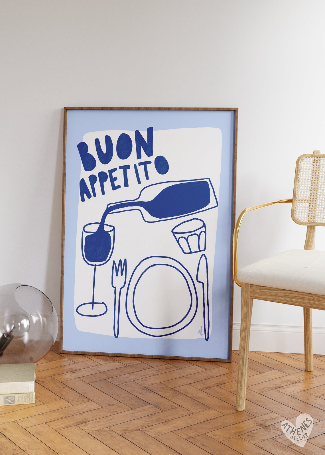 Buon Appetito Blue Italian Kitchen Dinner Table Illustration Poster