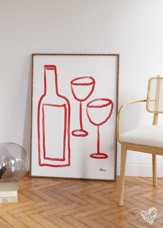 Red Wine Poster Hand Drawn Art Mid Century Decor Bar Cart Prints Abstract Cocktail Kitchen Wall