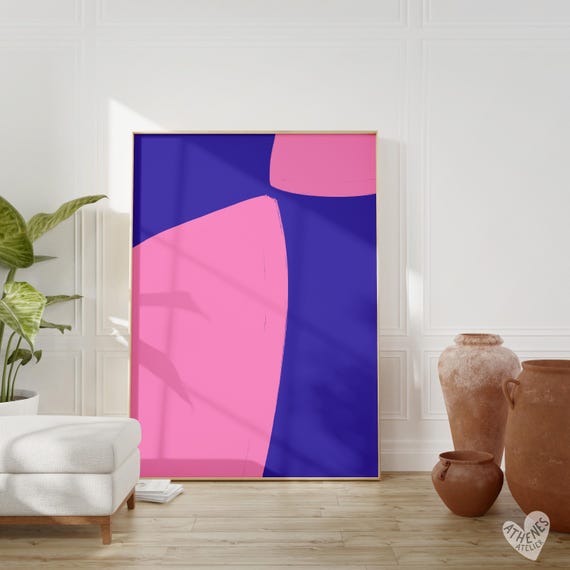 Abstract Print Pink And Blue Shapes Colorful Minimal Art Peaceful Bedroom Above Bed Living Room Hand Drawn Pastel