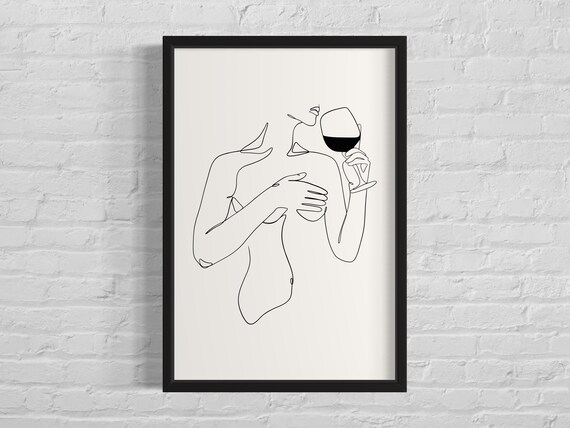 Woman Drinking Wine Single Line Art Feminine Minimal Nude Poster
