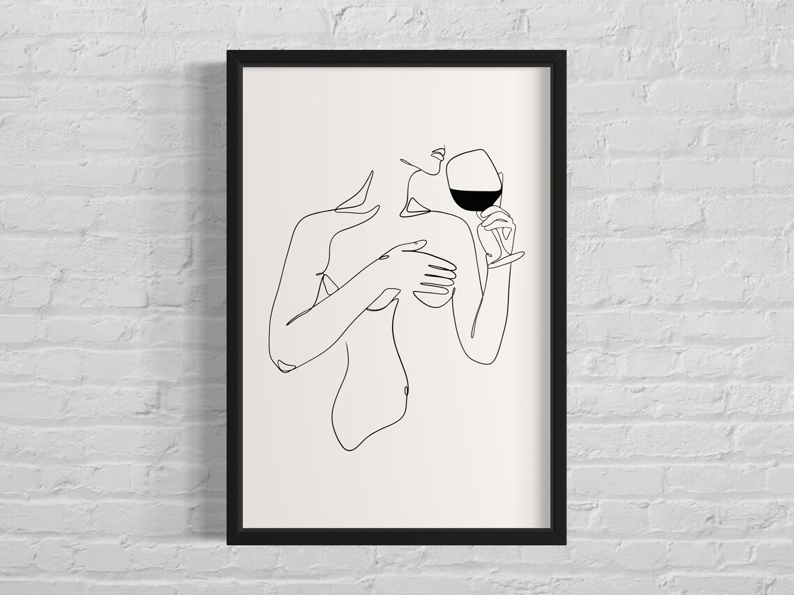 Woman Drinking Wine Single Line Art Feminine Minimal Nude Poster