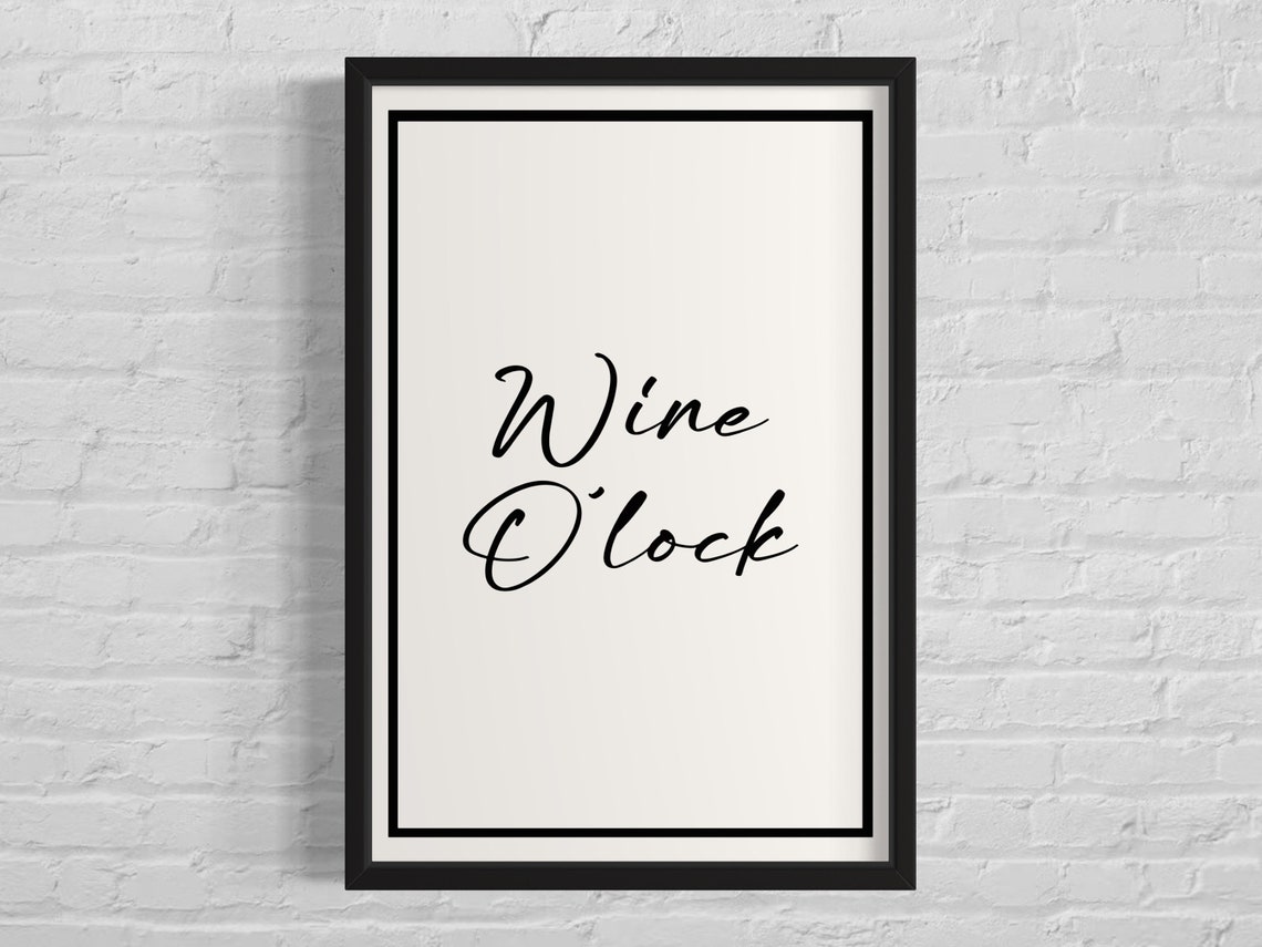 Wine O'Clock Black Script Minimalist Kitchen Wall Decor Poster
