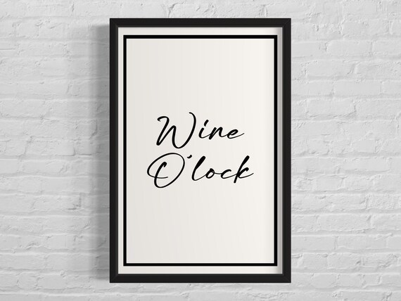 Wine O'Clock Black Script Minimalist Kitchen Wall Decor Poster