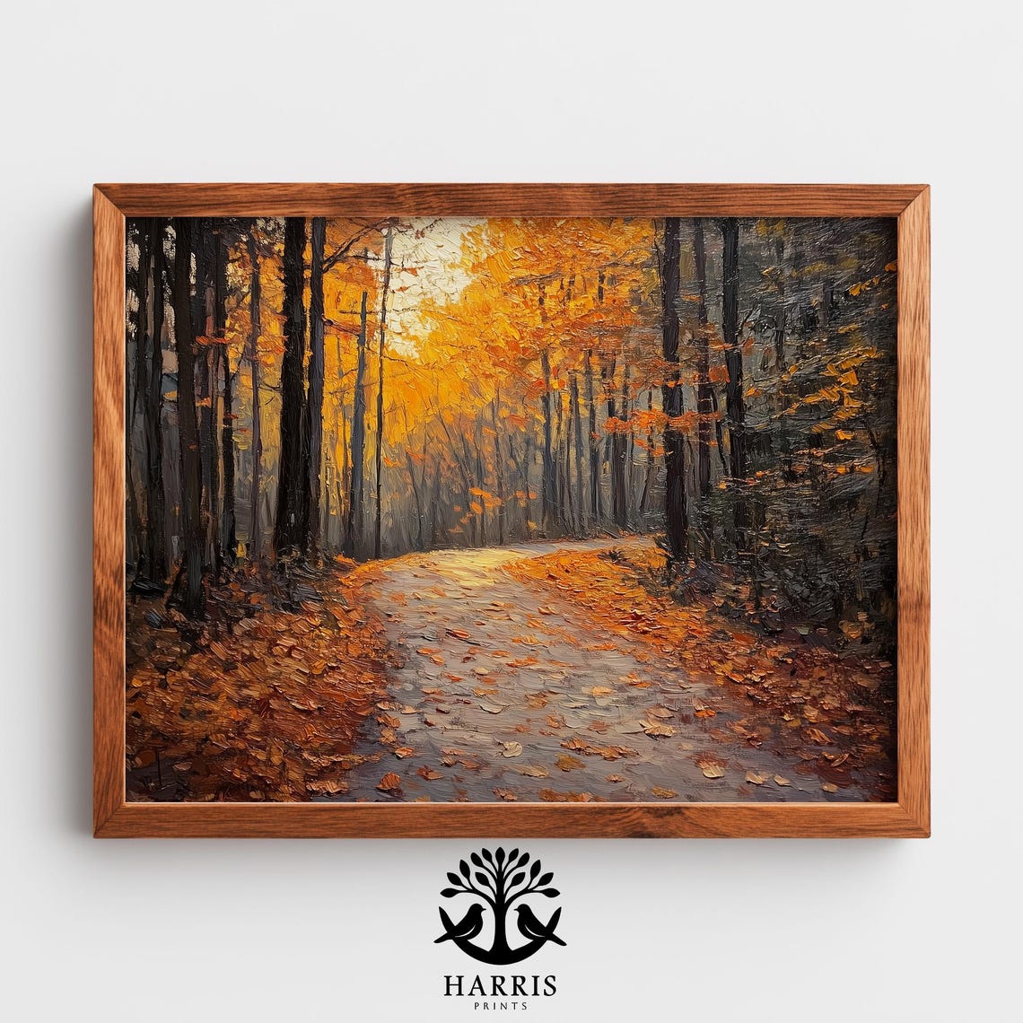 Autumn Forest Path Golden Light Falling Leaves Moody Vintage Wall Art