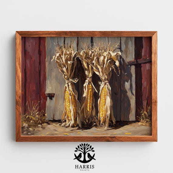 Autumn Harvest Corn Stalk Display Rustic Farmhouse Painting Vintage Fall Landscape Art Earthy Seasonal Wall Decor Instant 424