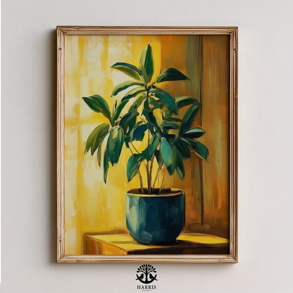 Moody Indoor Plant Painting Modern Botanical Wall Art Cozy Nighttime Ficus Print Rustic Decor 452