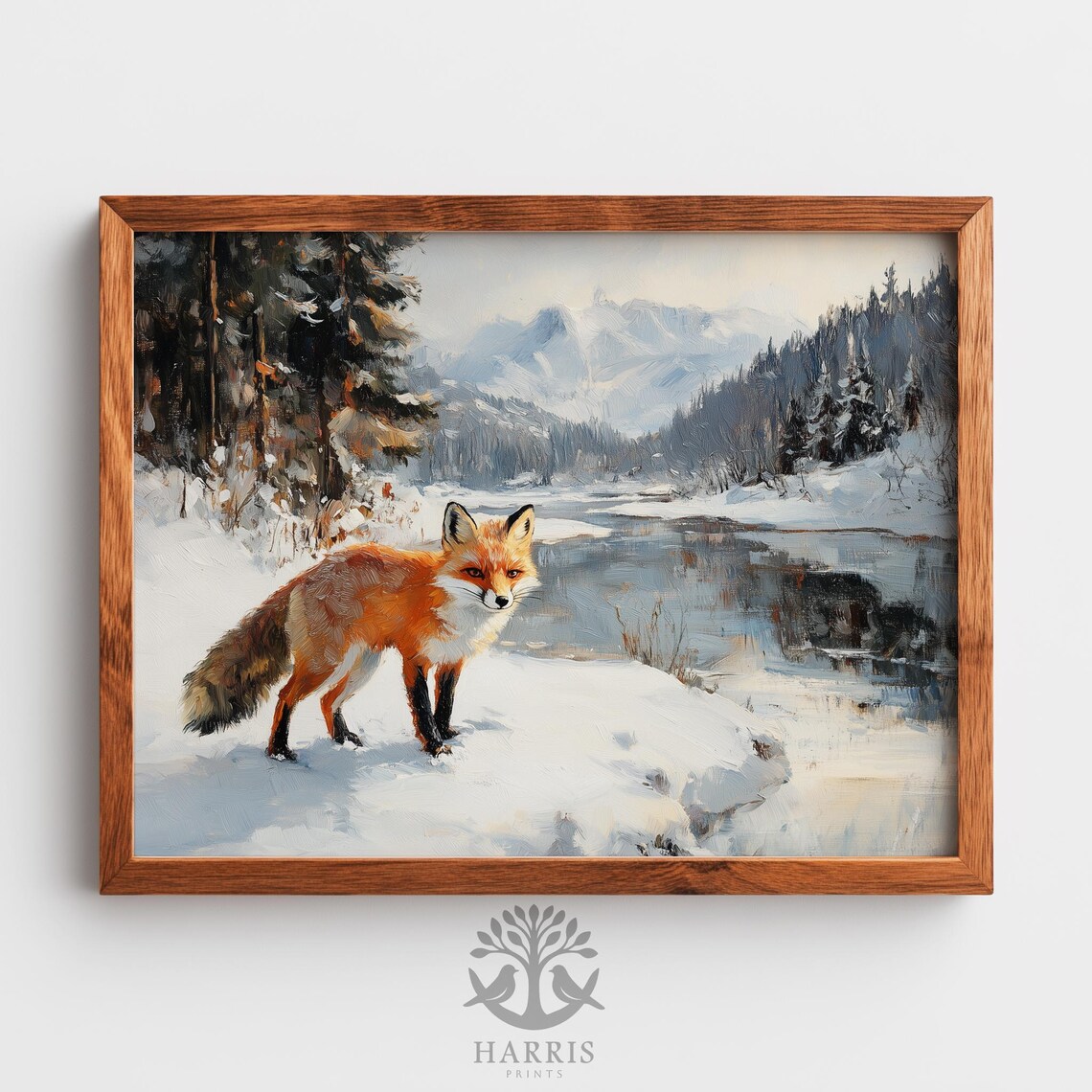 Red Fox in Snowy Lakeside Winter Wildlife Oil Painting Poster
