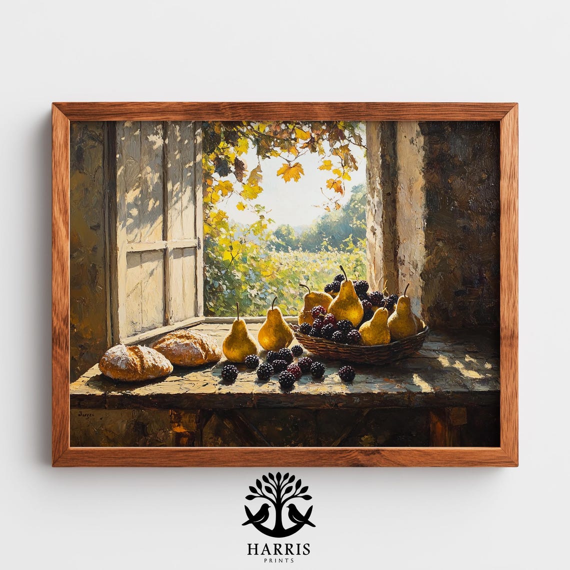 Sunlit Pears Blackberries and Bread Window Still Life Wall Art