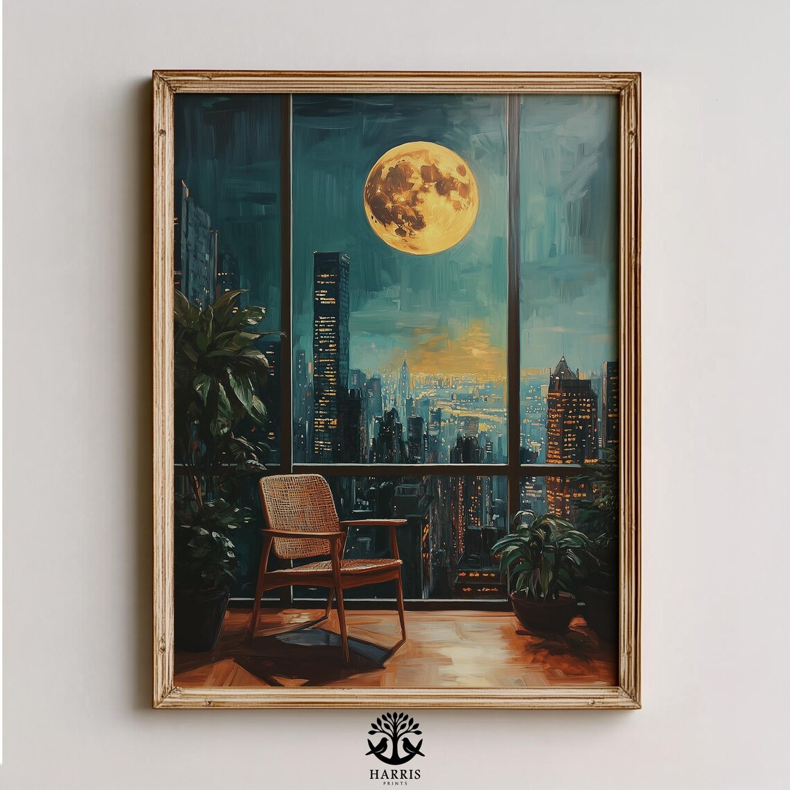 Full Moon Over Night City Skyline From Window Armchair Painting Poster